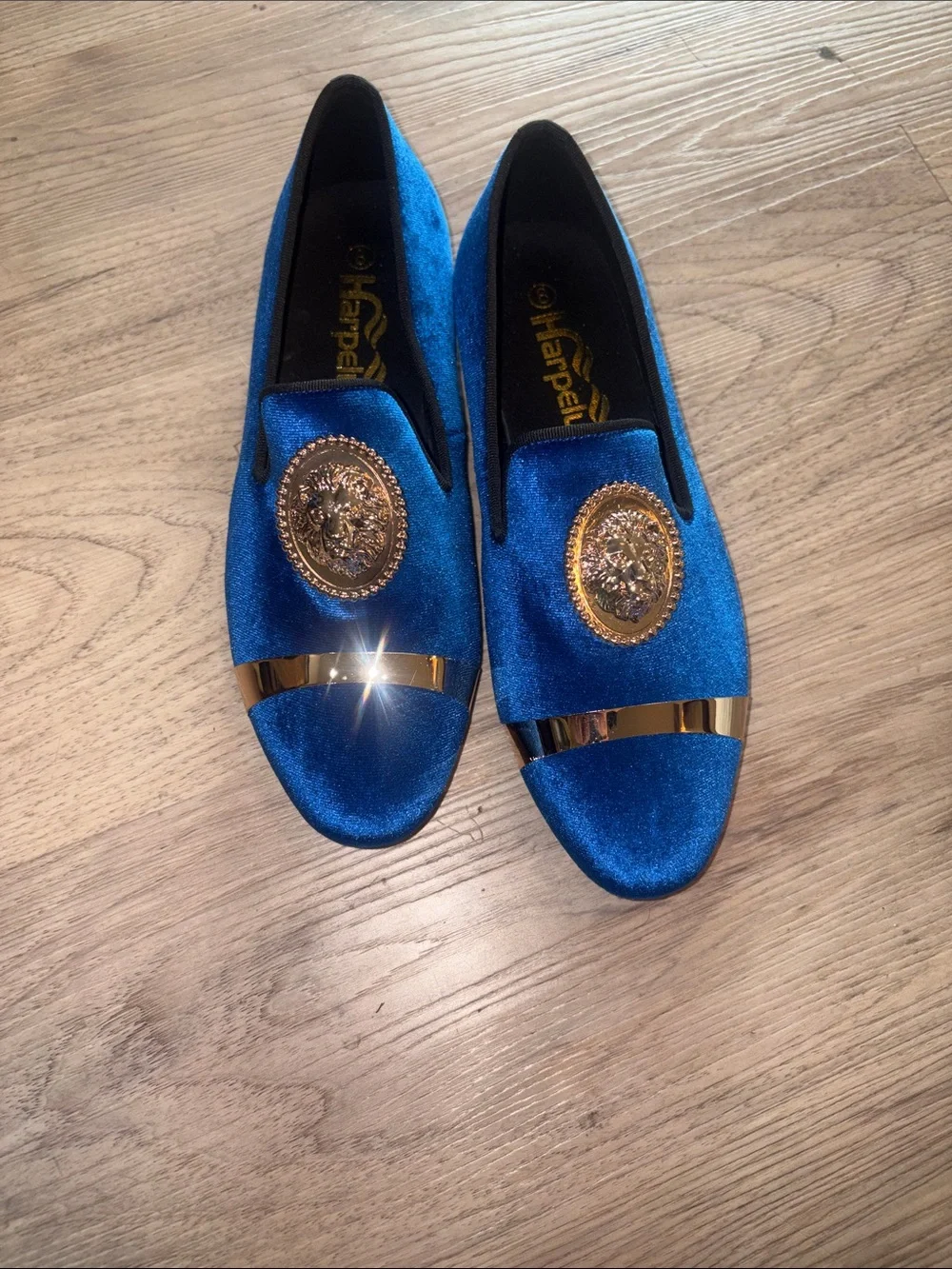 Blue Velvet Men’s Loafers with Gold Medallion Accent for formal size 8 new